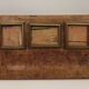 Old wooden office inkwell set and glass and brass accessories