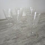 6 Anciens Verres à Pied Motif Arabesques Blanches H 11 cm
