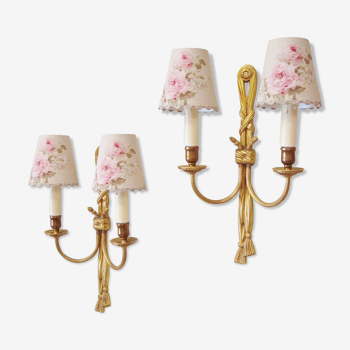 Pair of antique wall lamps with lampshades motifs of roses