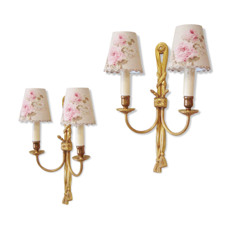 Pair of antique wall lamps with lampshades motifs of roses