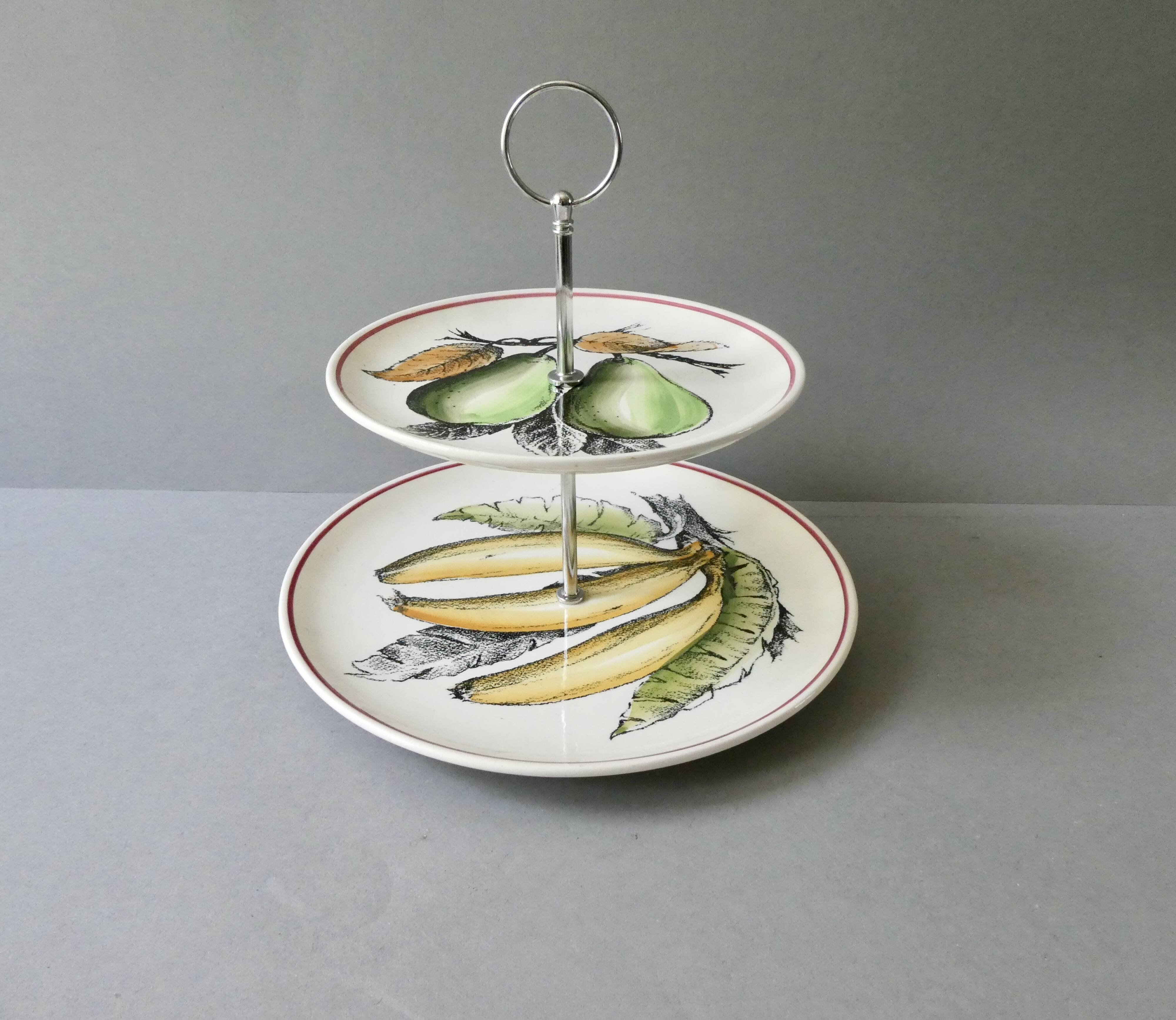 Dishes, fruit display Gien France, red cord decor