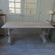 Console, solid walnut table, foldable extensions, grey patinated legs.