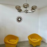 Old 6-light chandelier designed by Sciolari in chrome metal and smoked glass, 70s vintage