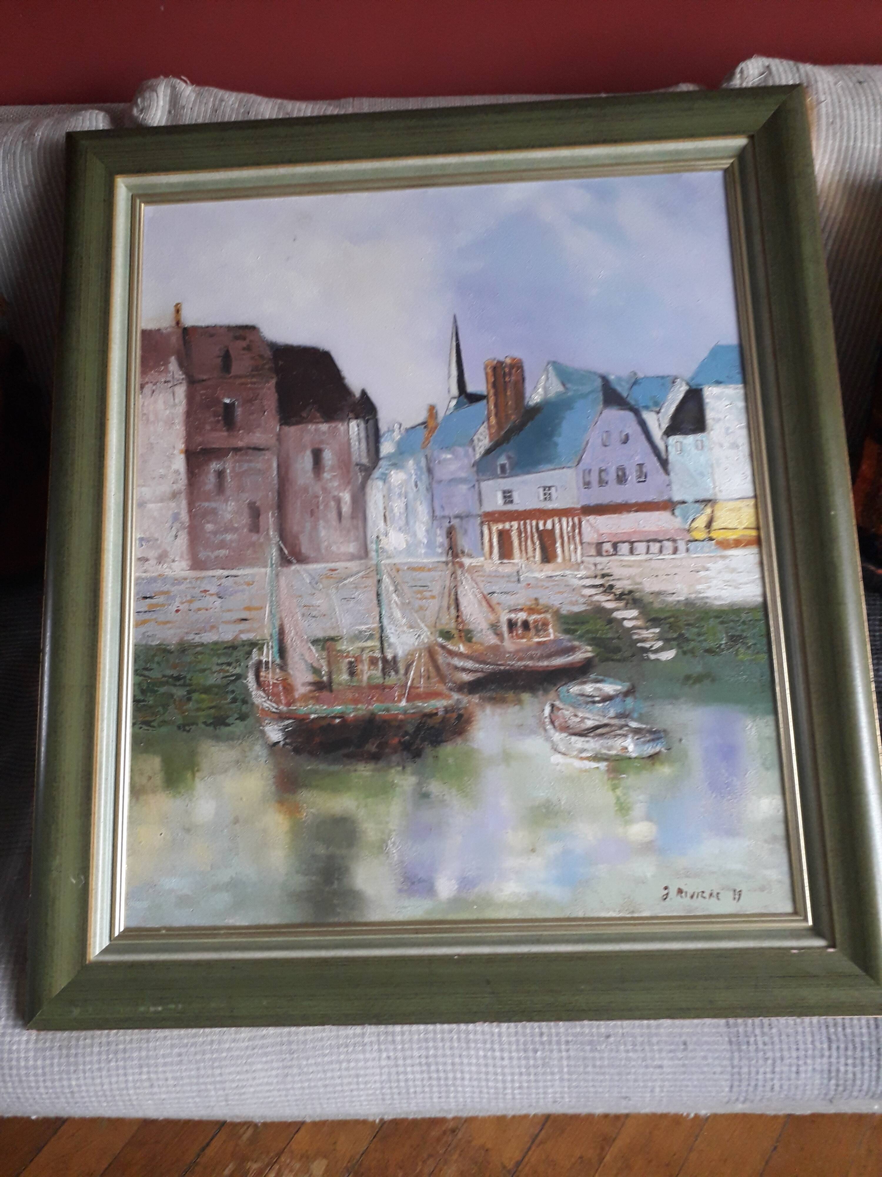 Old oil painting depicting a port