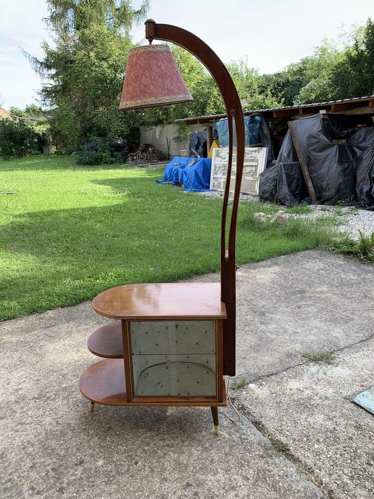 Illuminated bar cabinet in brown walnut Art Deco 1950s with lamp and brass.