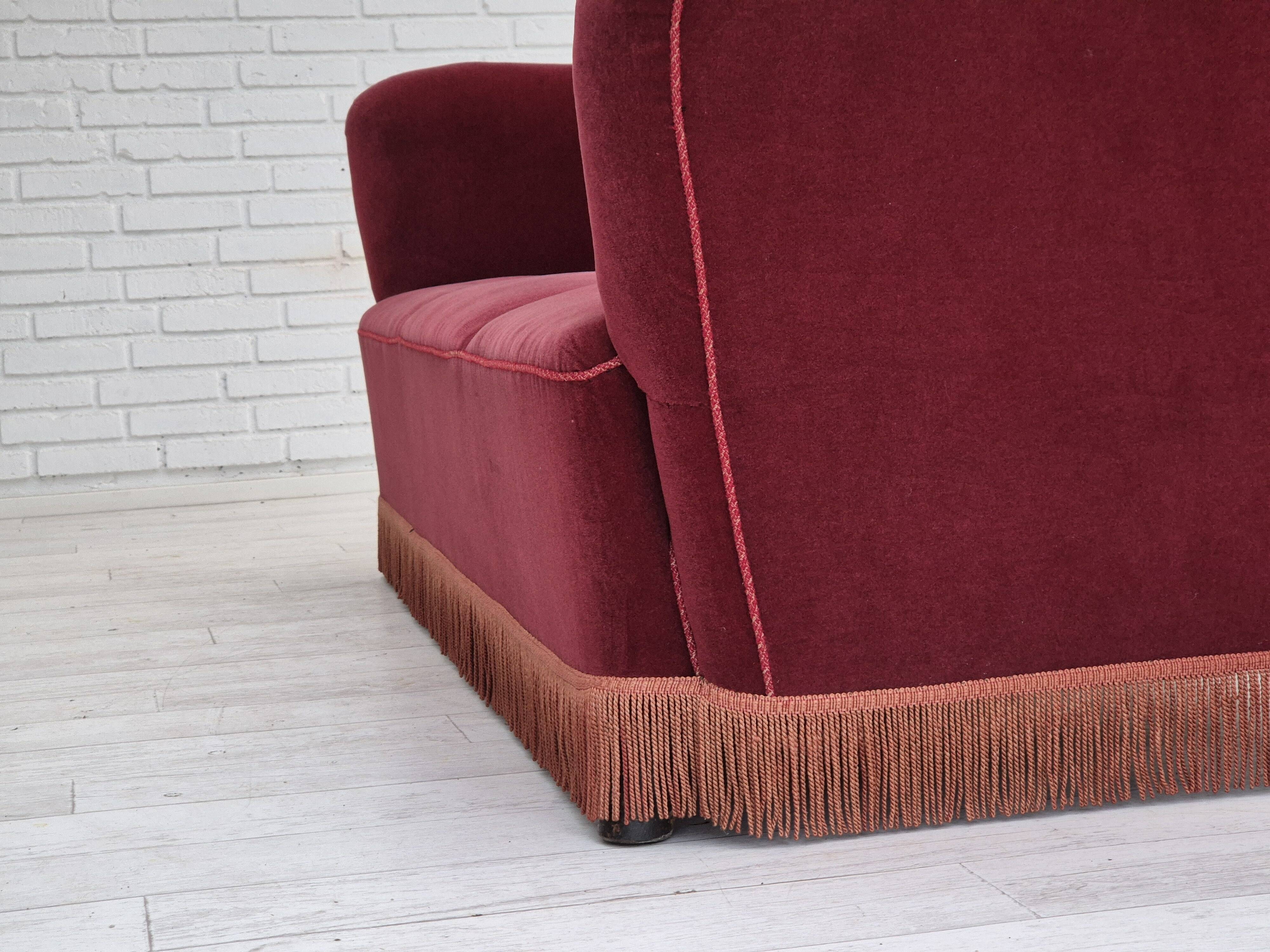 1960s, Danish 3 seater sofa, original condition, cherry-red furniture velour.