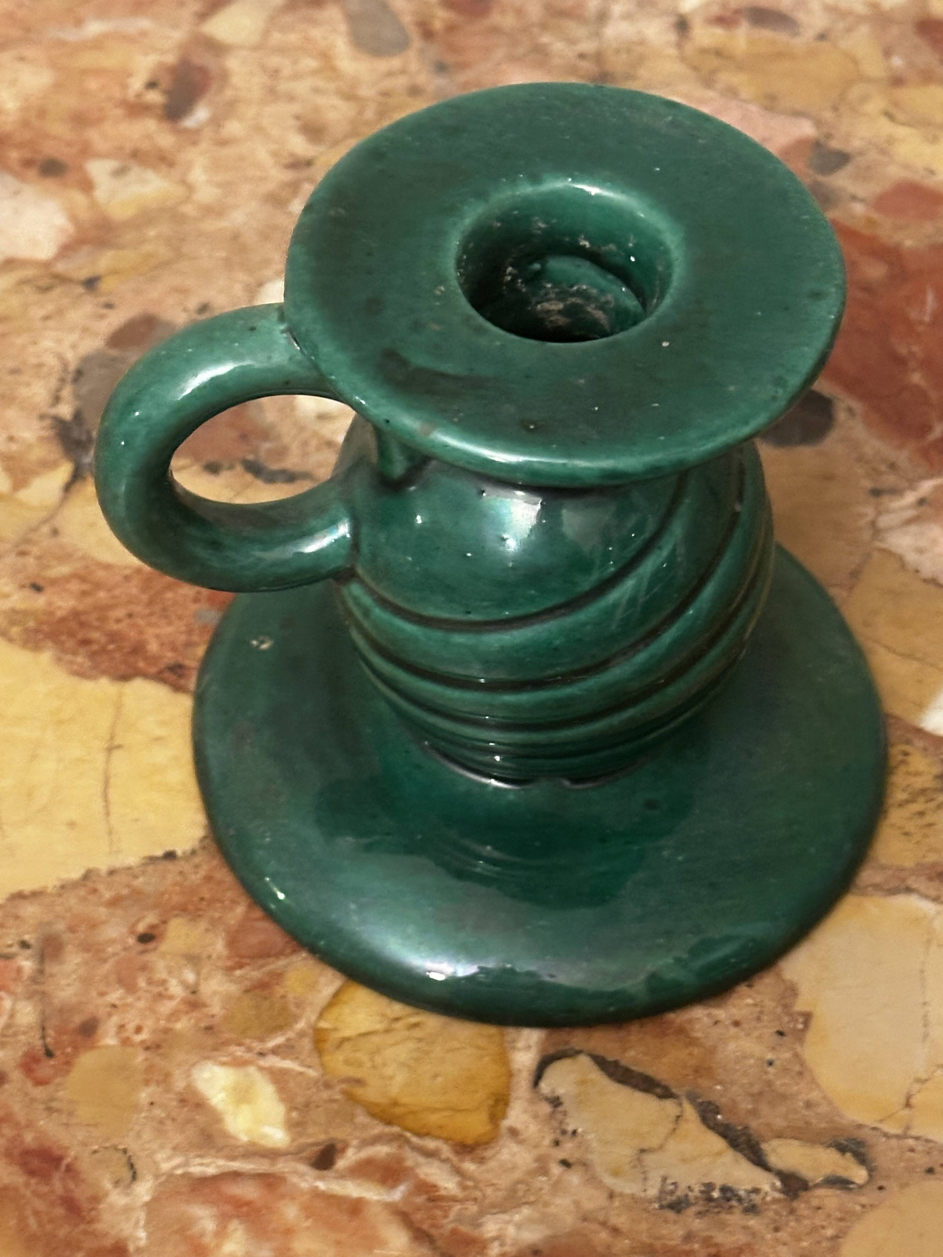 Saint-Clément green ceramic candlestick, 1950s