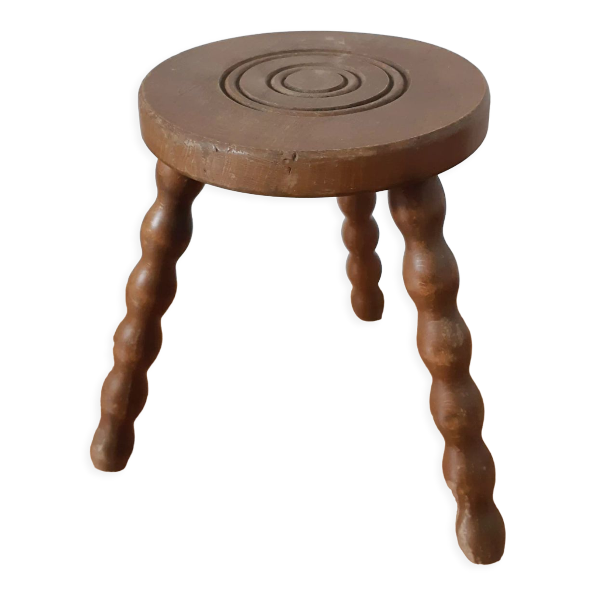 Vintage round milking stool , solid wood , tripod , 50s