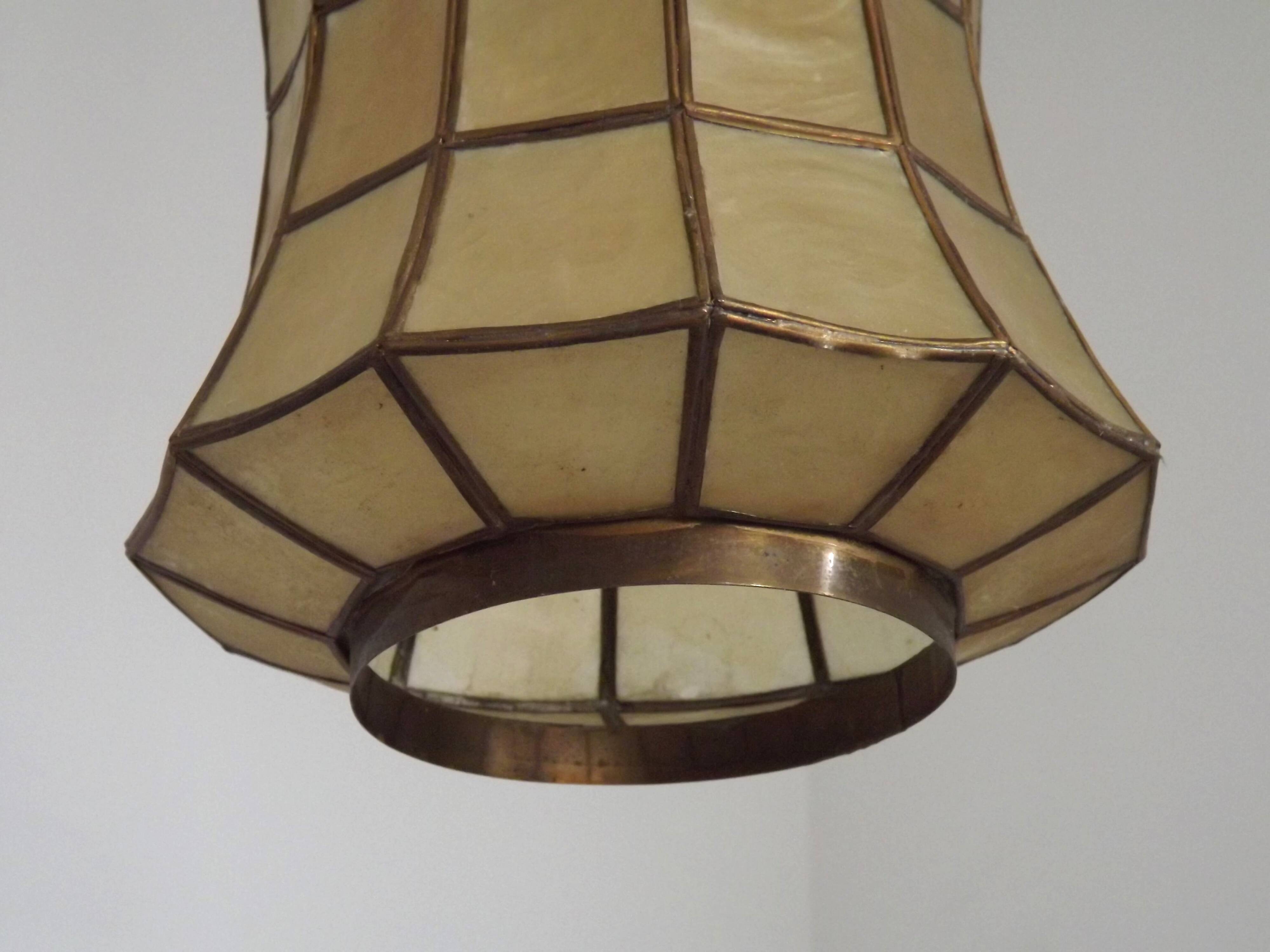 French Vintage Capiz Shell Hanging Pendant Light in Brass Metal and Copper