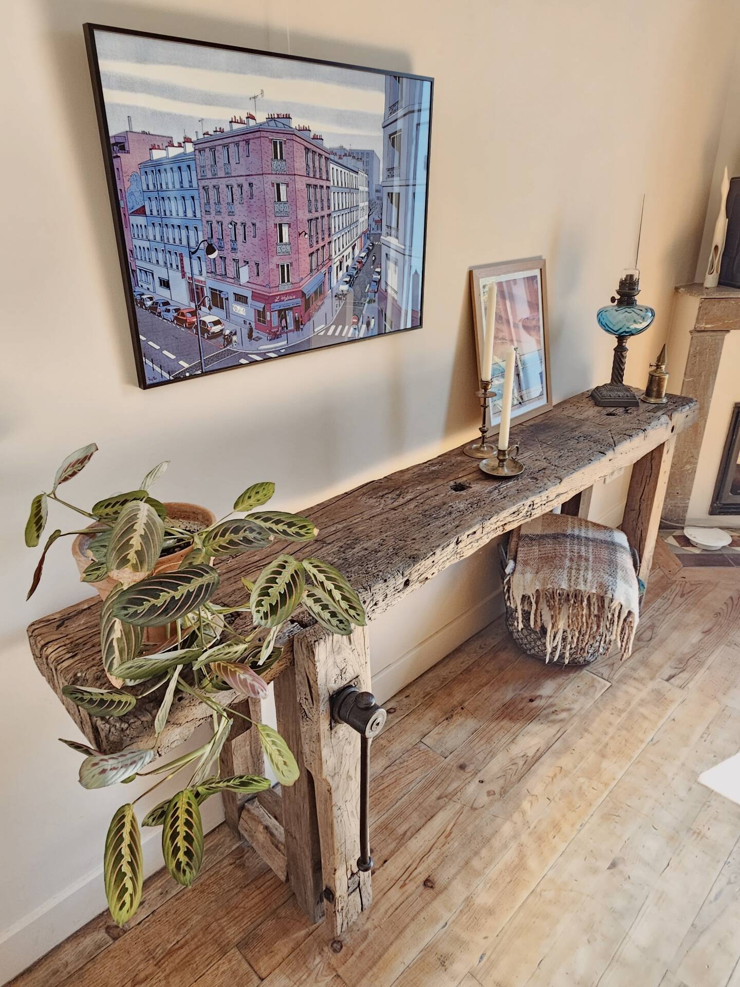 Ancien établi de menuisier – Console en bois massif
