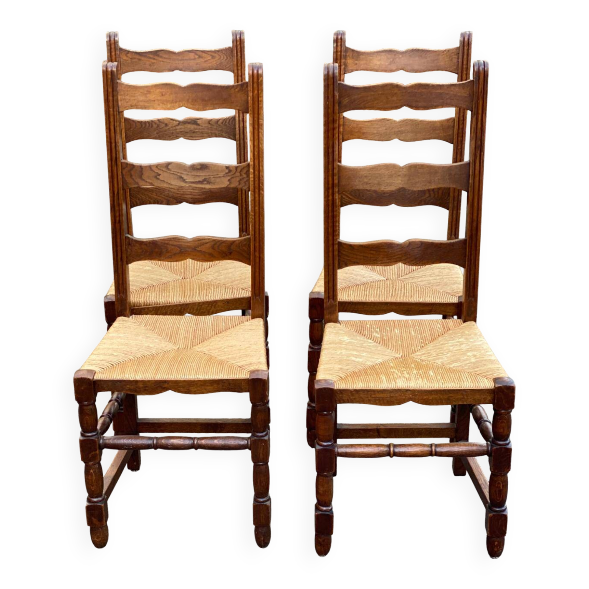 4 solid wood chairs with straw seats and high backs, 108cm.