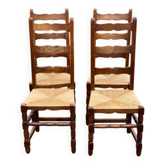 4 solid wood chairs with straw seats and high backs, 108cm.