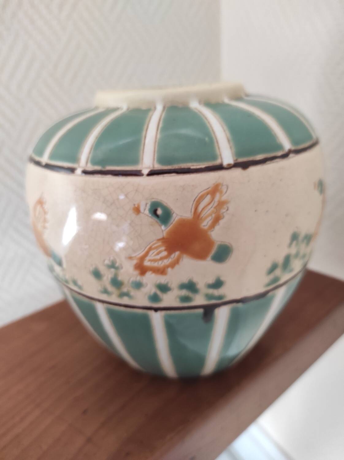 Vase boule céramique cloisonnée décor canards sauvages