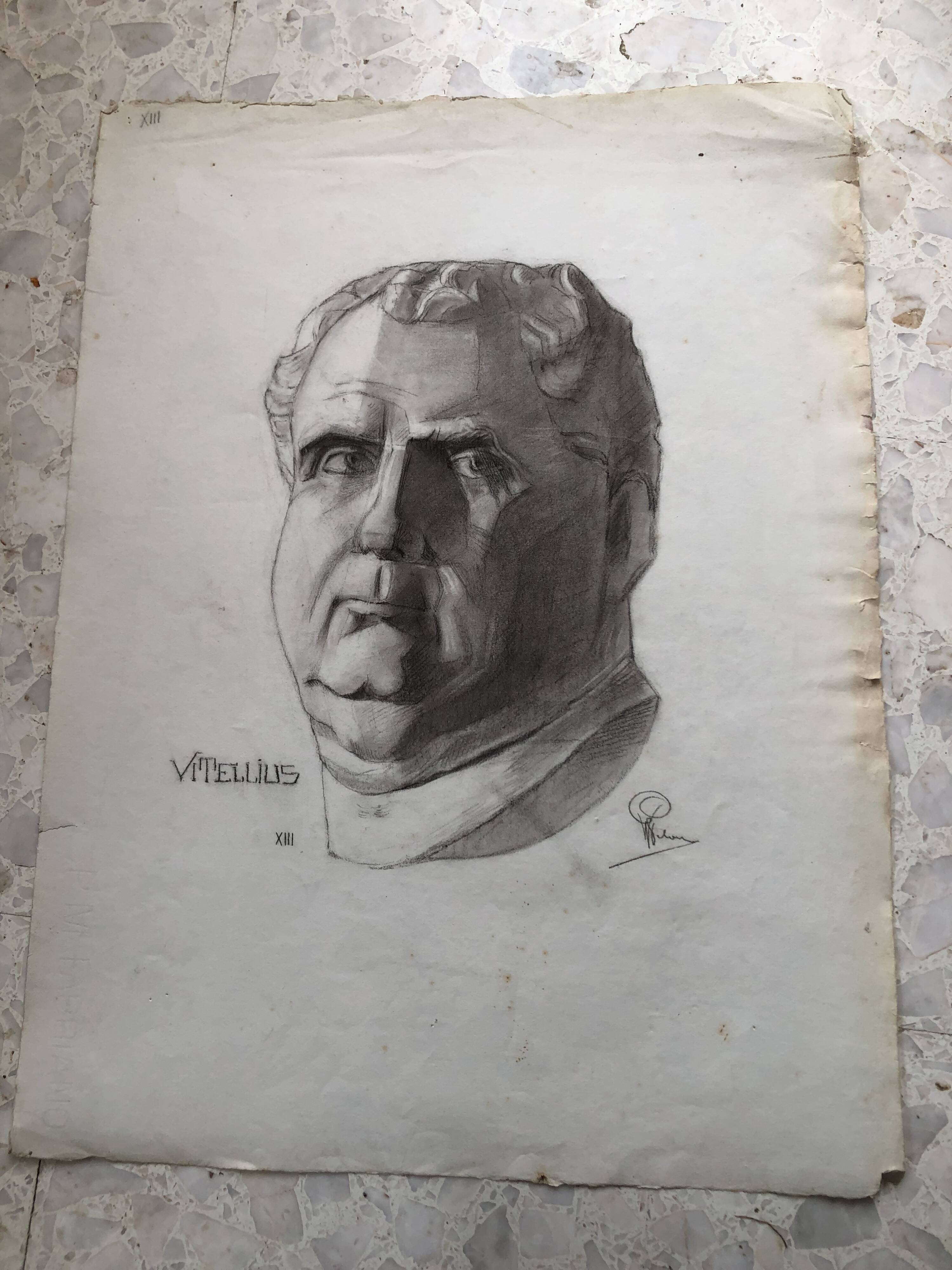 Charcoal drawing: face of roman emperor vitellius, signed w. peloux, antique, fine arts, fabriano