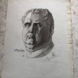 Charcoal drawing: face of roman emperor vitellius, signed w. peloux, antique, fine arts, fabriano