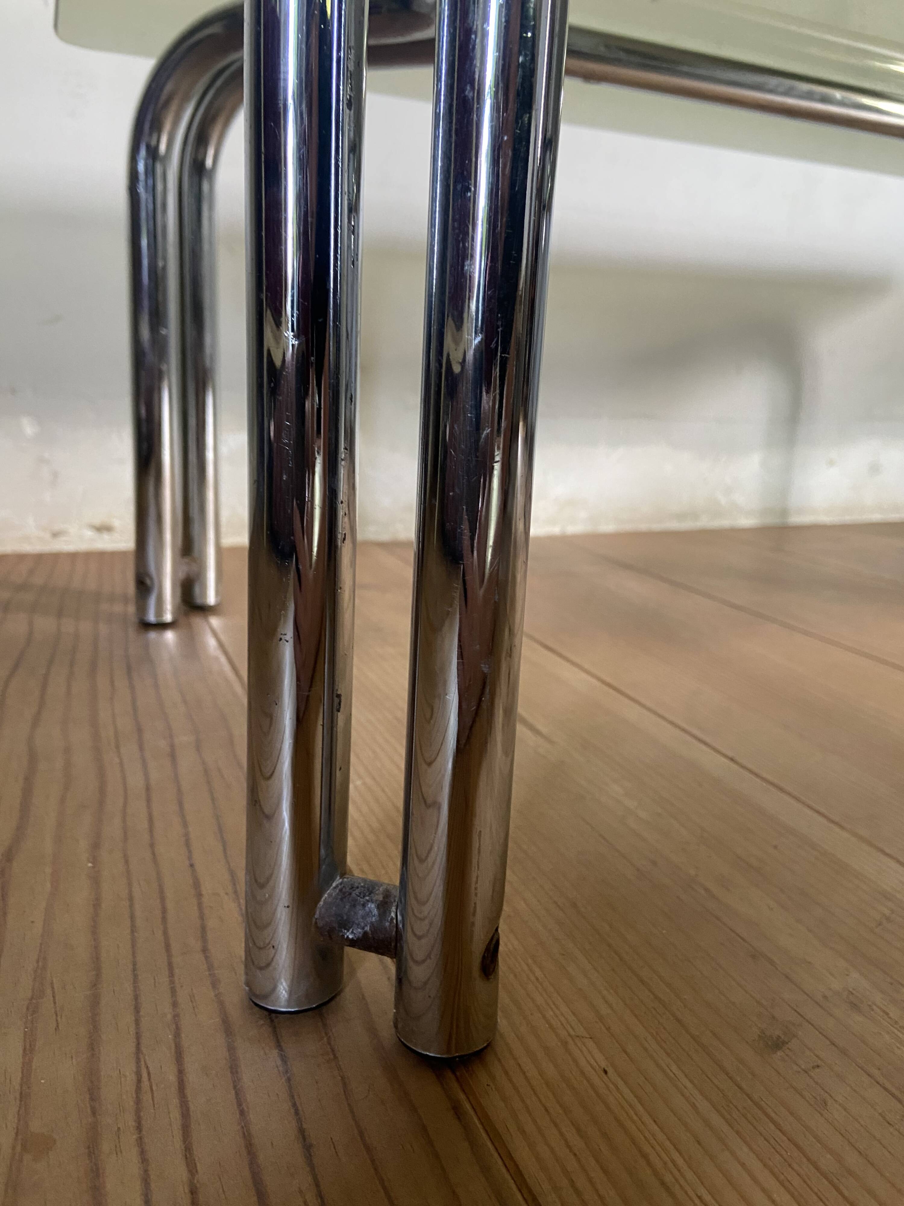 Vintage 70s table in tubular chrome and smoked glass