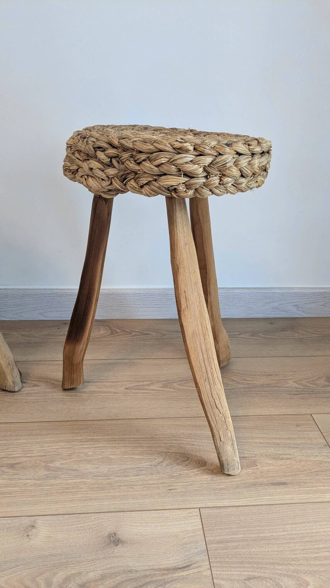 Pair of brutalist tripod stools attributed to Audoux & Minet.
