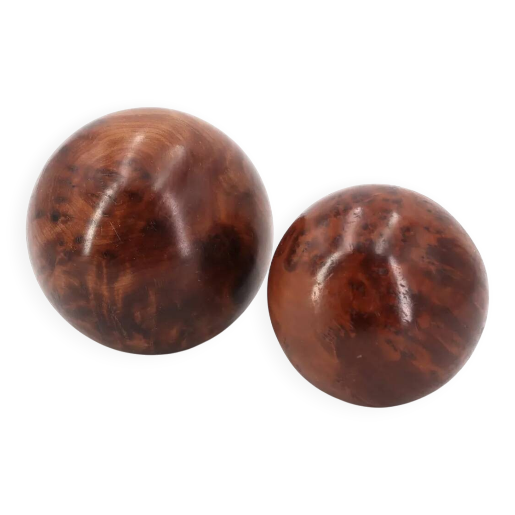 Sculptures of spheres carved in elm burl wood