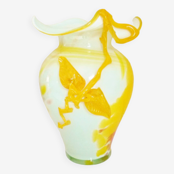 Grand vase floral verre soufflé, orange, rouge, blanc, vintage années 80