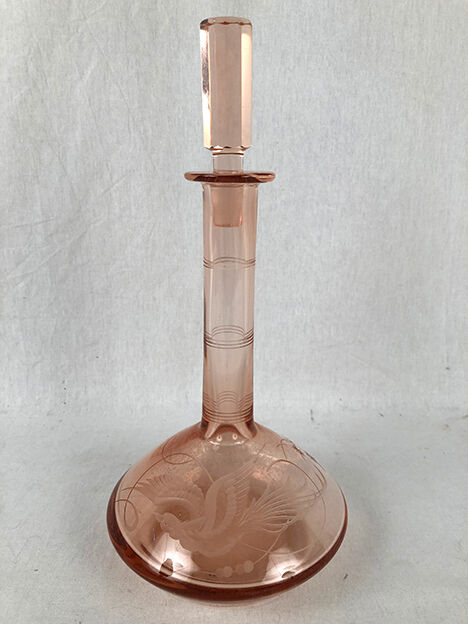 Pink glass liquor service, engraved decanter
