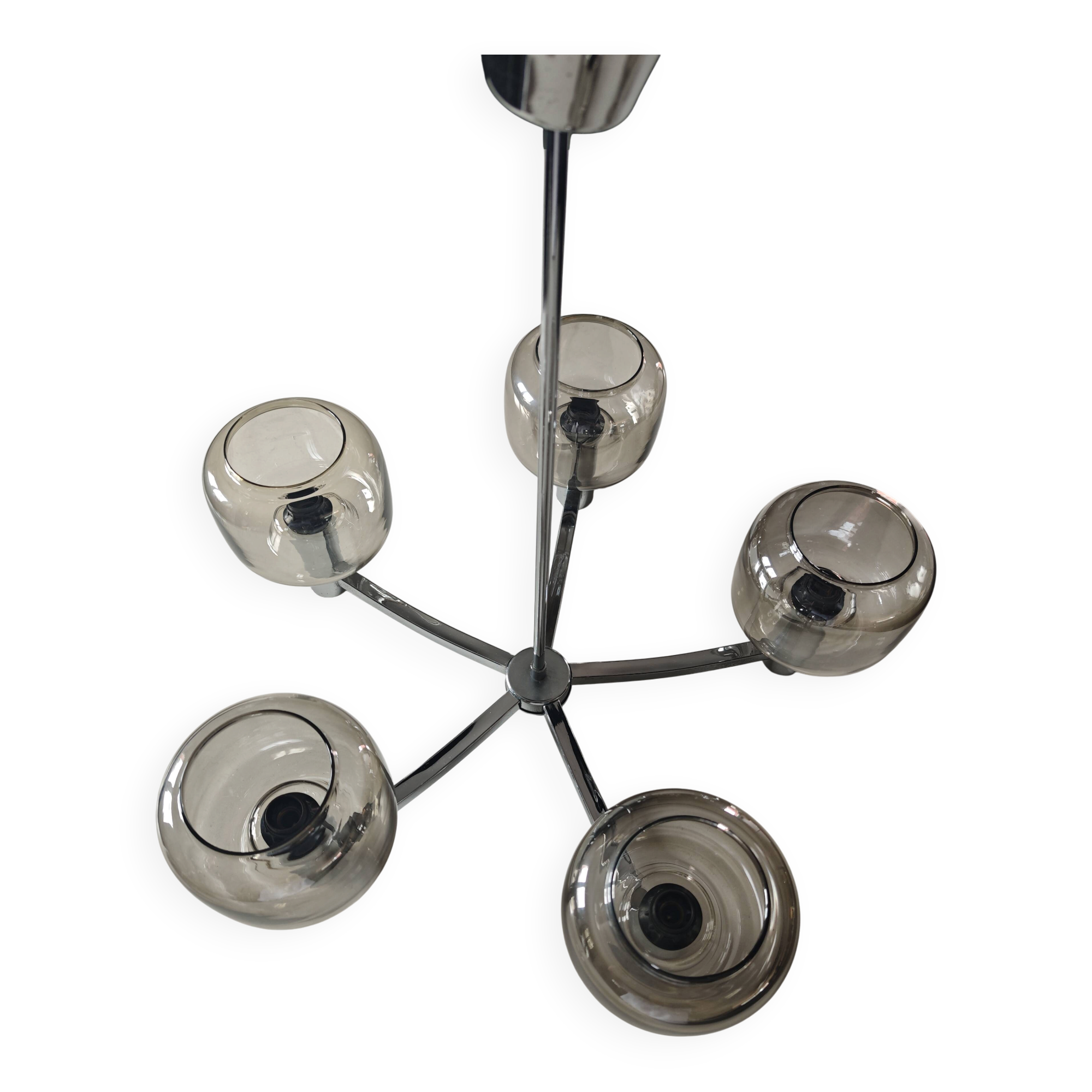 Chrome and Smoked Glass Lustre D&H – Vintage 1970 Space Age Design – Brand New Condition