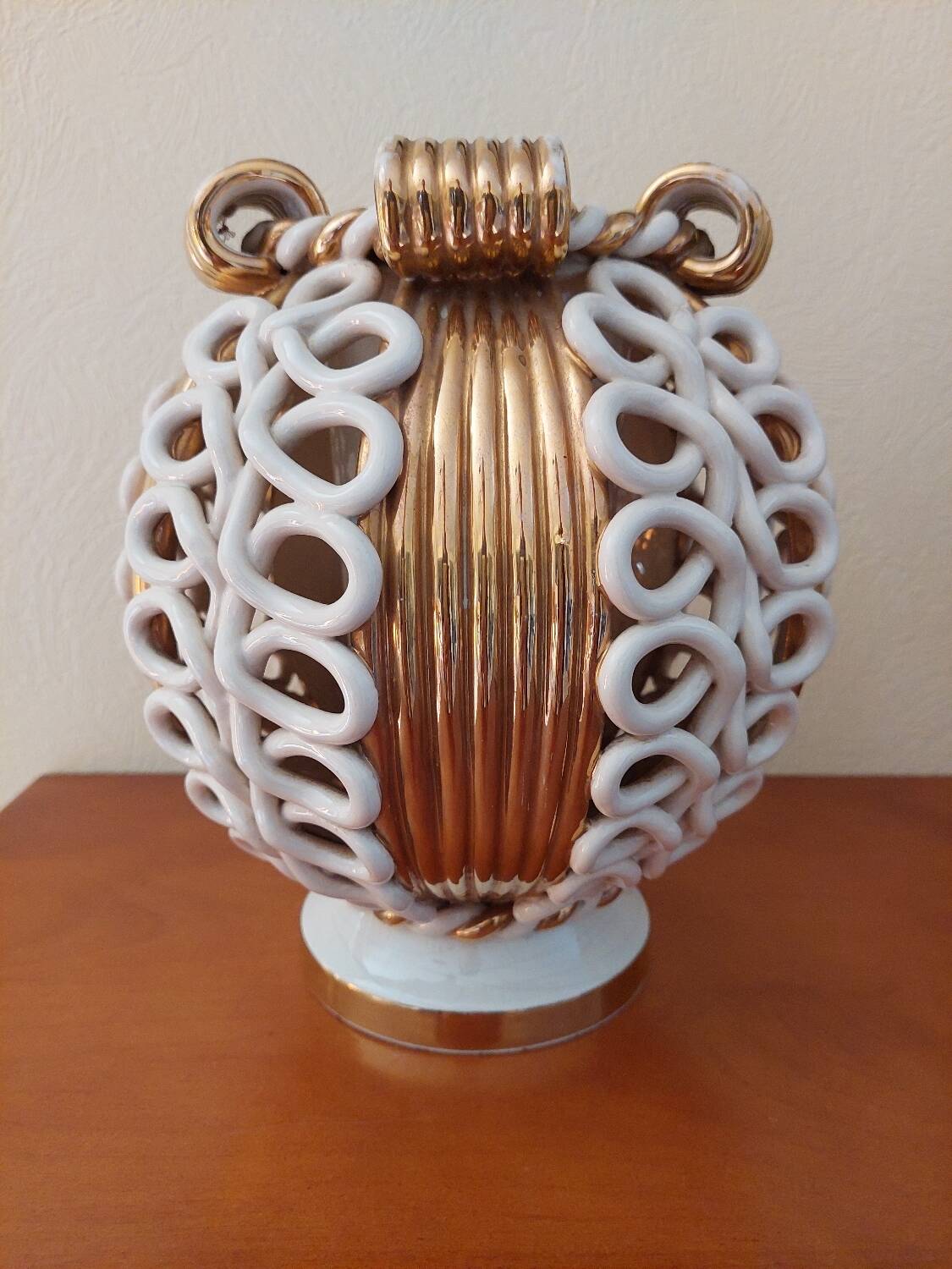 Sainte Radegonde ball vase in white and gold earthenware circa 1940-1950