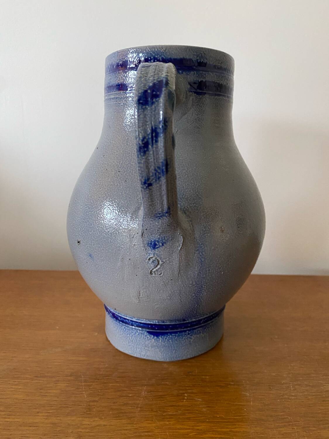 Antique Blue Stoneware Pitcher Deco Flowers 2 Liters Vintage