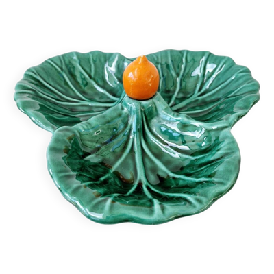 Plat service compartimenté vintage céramique forme feuille choux style vallauris