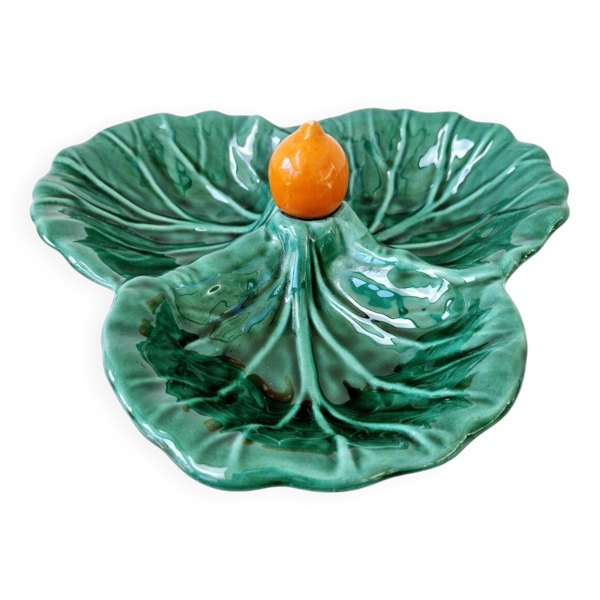 Plat service compartimenté vintage céramique forme feuille choux style vallauris