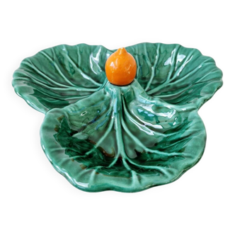 Vintage compartmented ceramic service dish cabbage leaf shape vallauris style