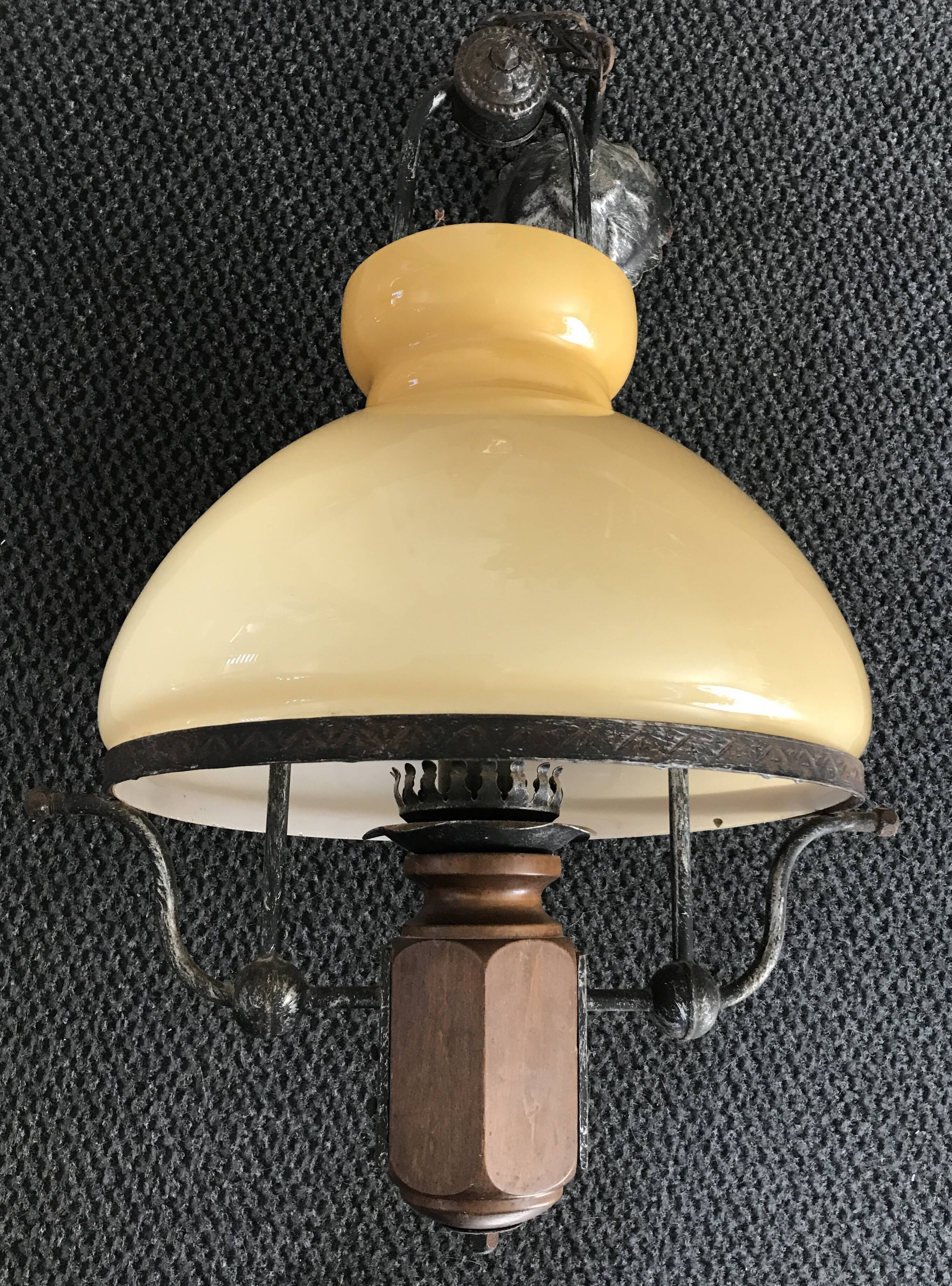 Suspension vintage wood and iron chandelier with yellow opaline lampshade