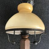 Suspension vintage wood and iron chandelier with yellow opaline lampshade