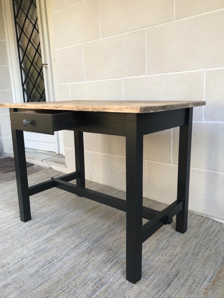 Old farm dining table, solid wood and black foot