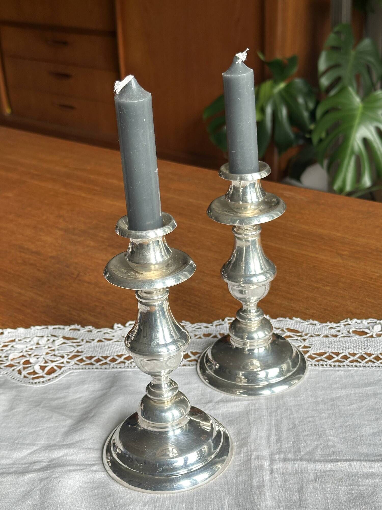 Pair of silver-plated candlesticks, silversmith Meurgey in Paris.