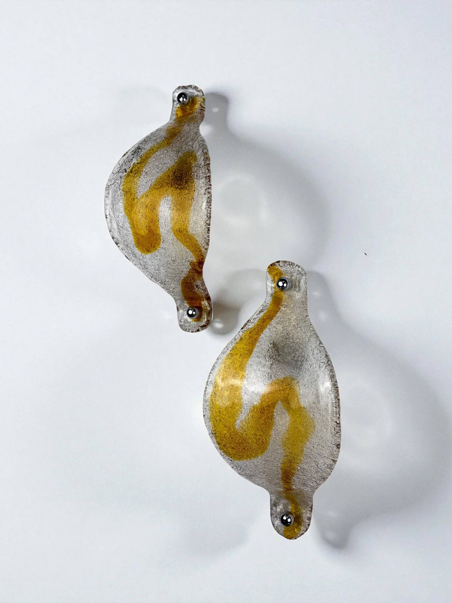 Pair of Mazzega Murano wall lights, orange frosted curved glass, Italy, 1970s