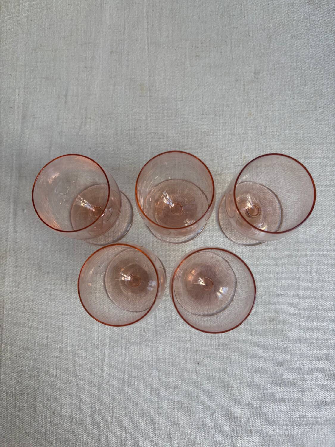 Set of 5 small pink crystal stemmed glasses