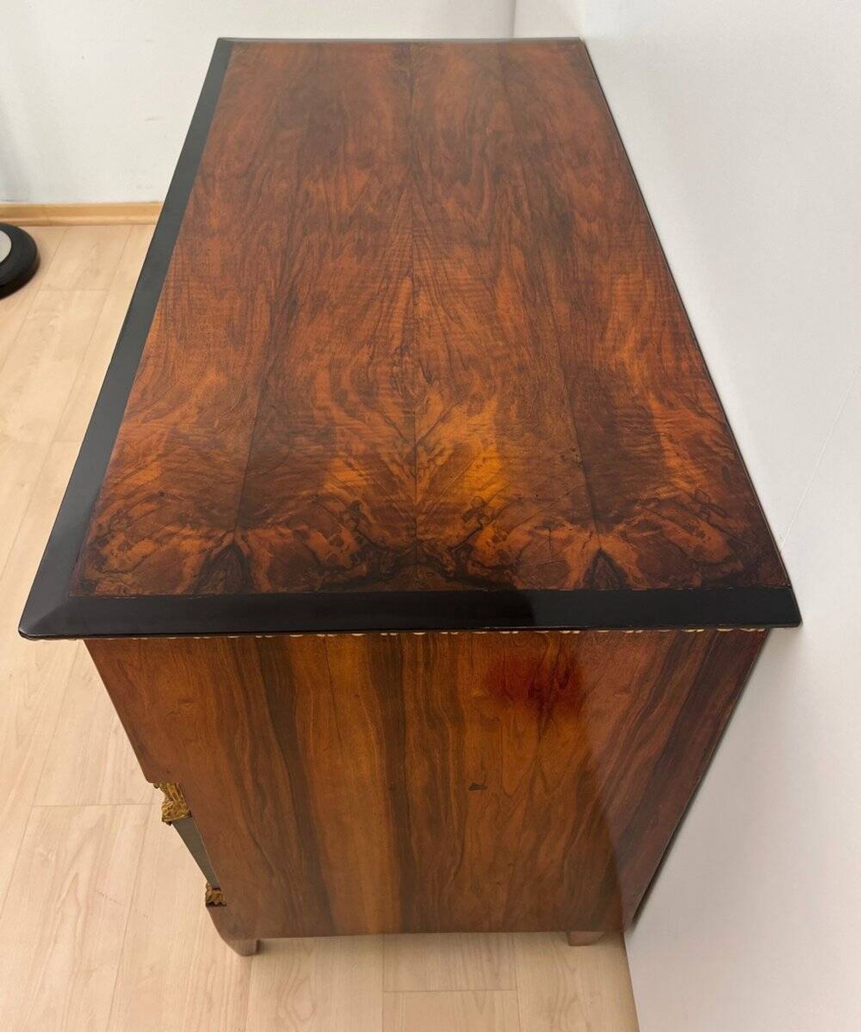 Biedermeier Chest in Walnut Veneer, Cherry, Gold Leaf & Brass, Austria, 1815