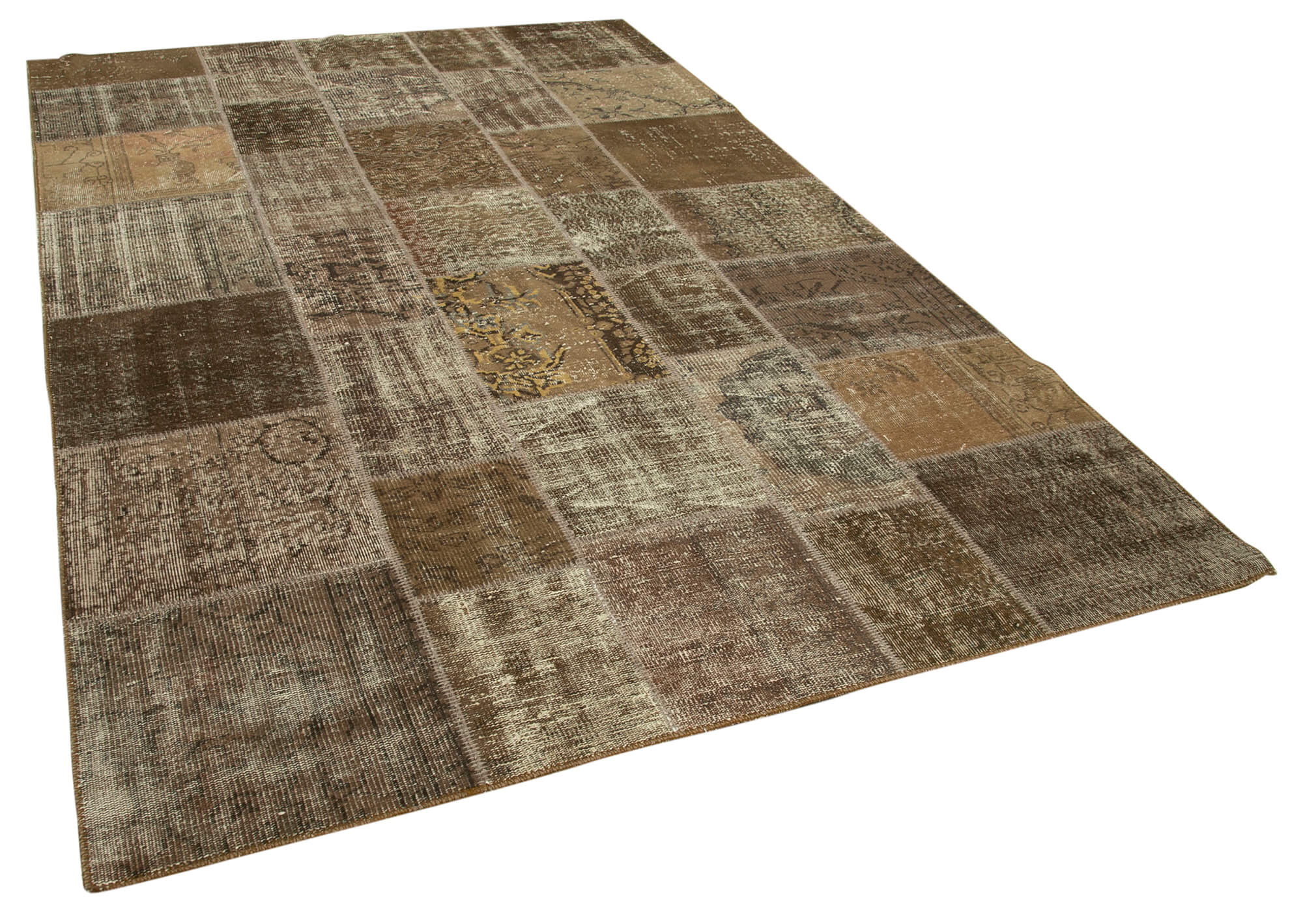 Hand-knotted turkish vintage 198 cm x 300 cm brown patchwork carpet
