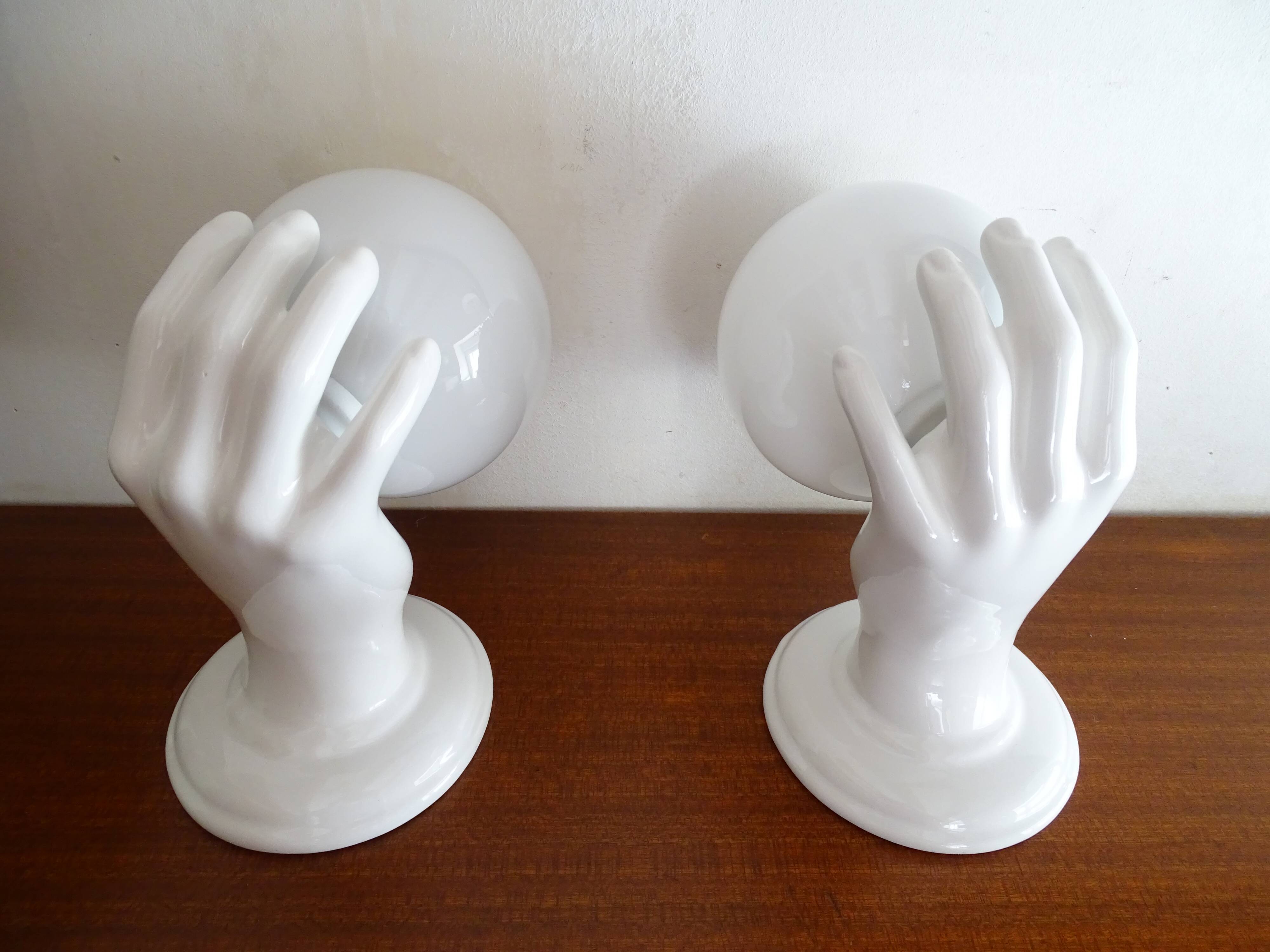 Pair of ceramic hand sconces - globe ball - vintage design 70's