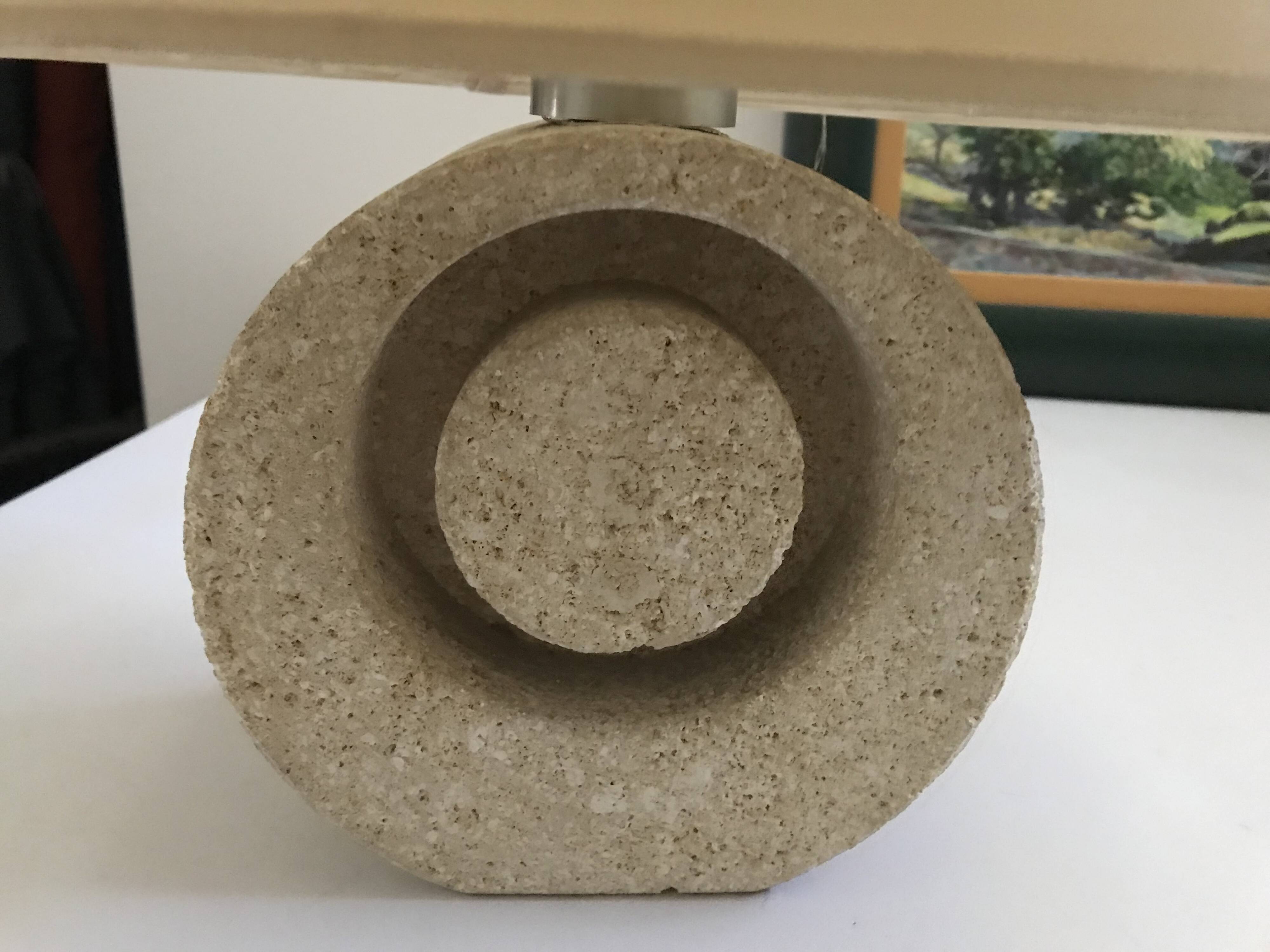 Vintage 70s-80s Lamp - Sculpted Stone Base & Painted Silk Shade