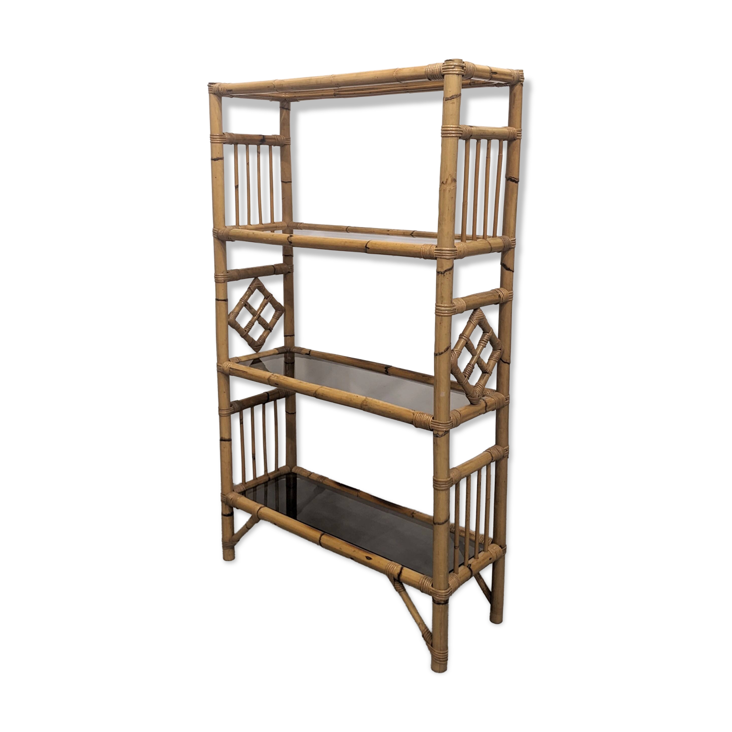 Étagère vintage bambou verre fumé