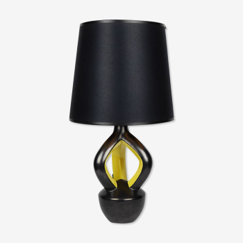 Lampe vintage noire et jaune Vallauris céramique 1950