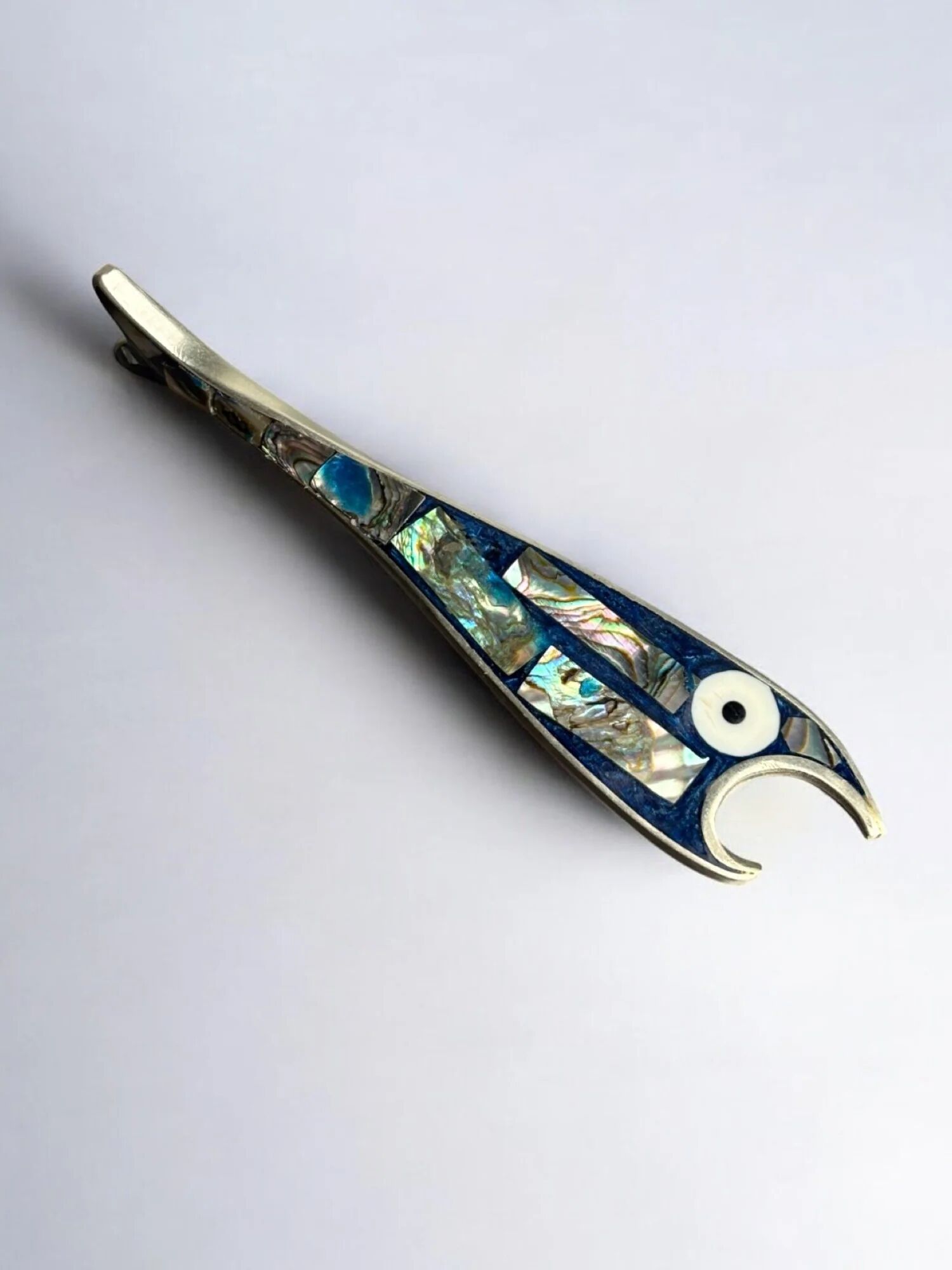 Fish bottle opener, abalone shell & alpaca, Mexico, 1980s