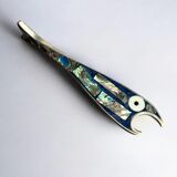 Fish bottle opener, abalone shell & alpaca, Mexico, 1980s