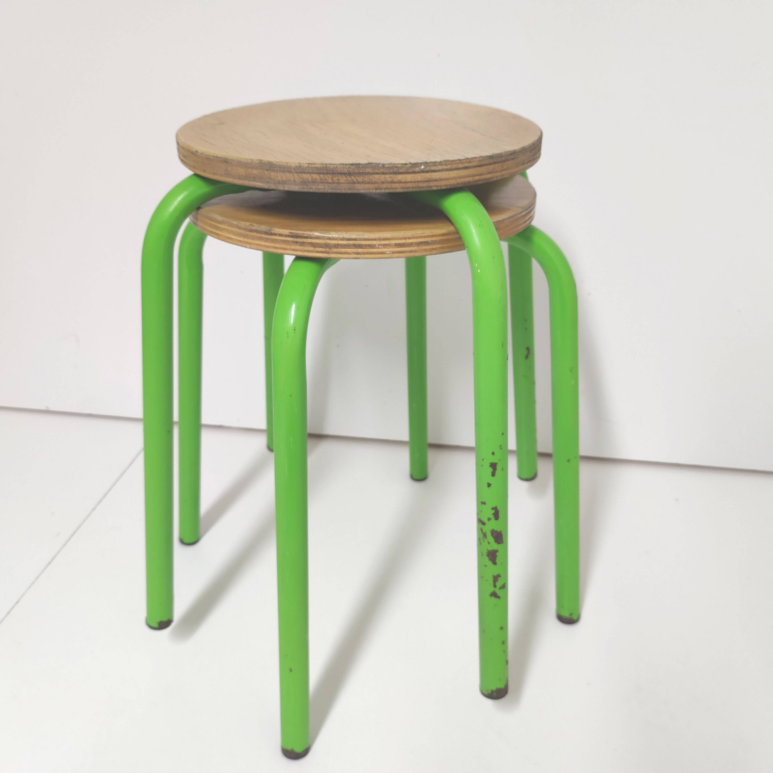 Set of 2 vintage green metal and wood stools