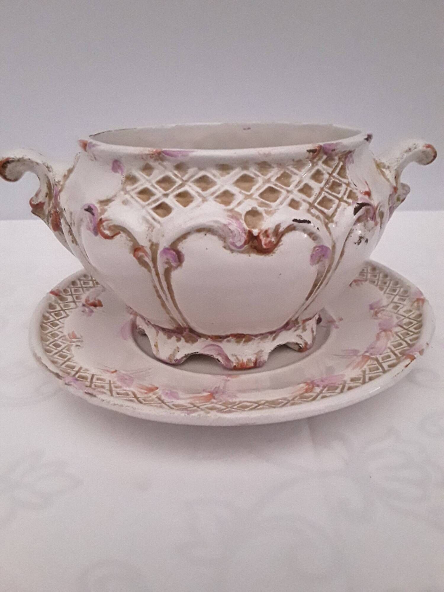Cache pot , vide poche barbotine avec soucoupe faience made in Italy ...