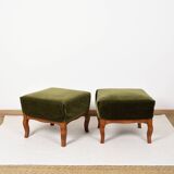 Pair of Pouf, Footrest, in green velvet