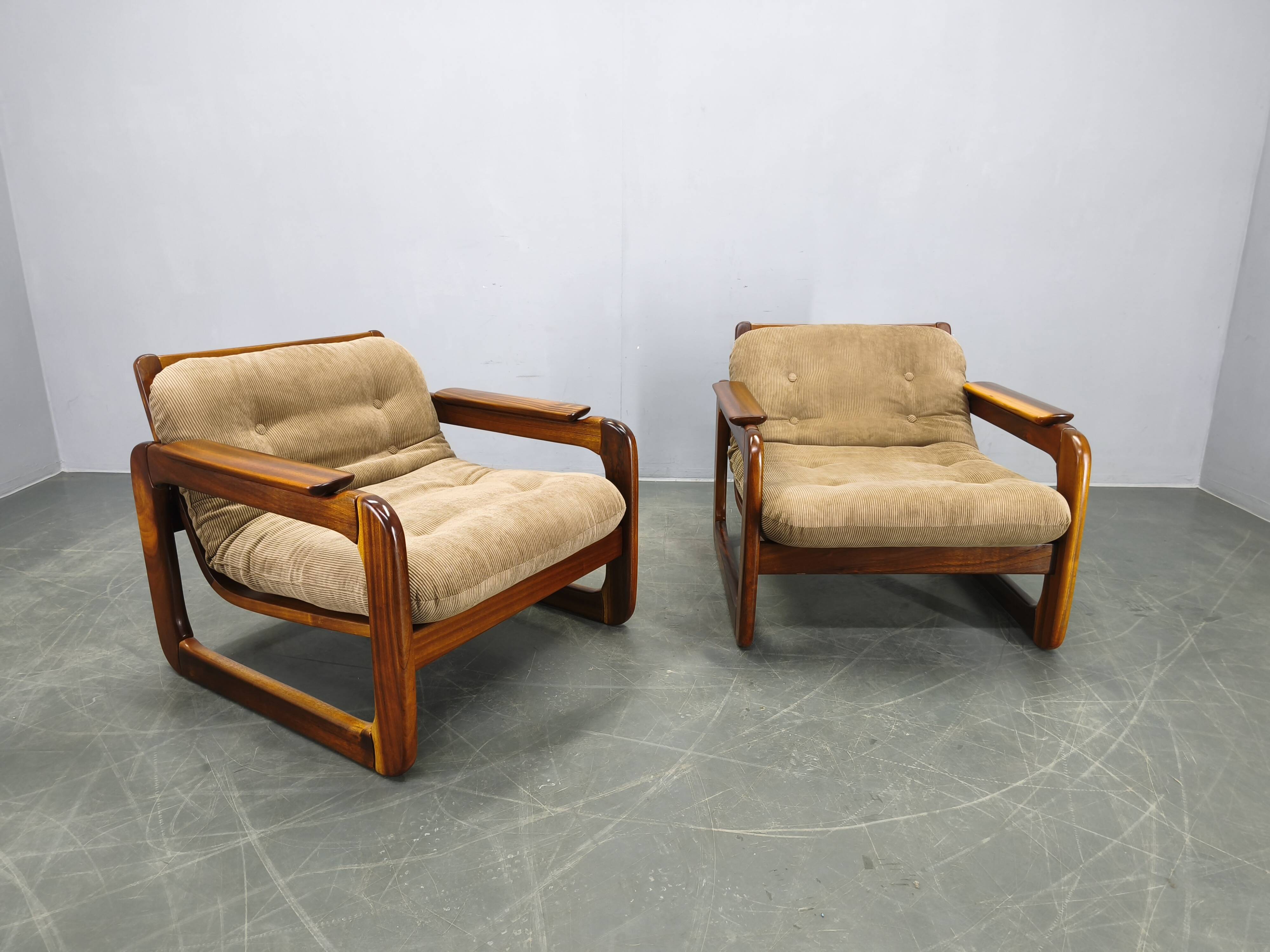Pair of 1970s Scandinavian lounge chairs, upholstered in corduroy.