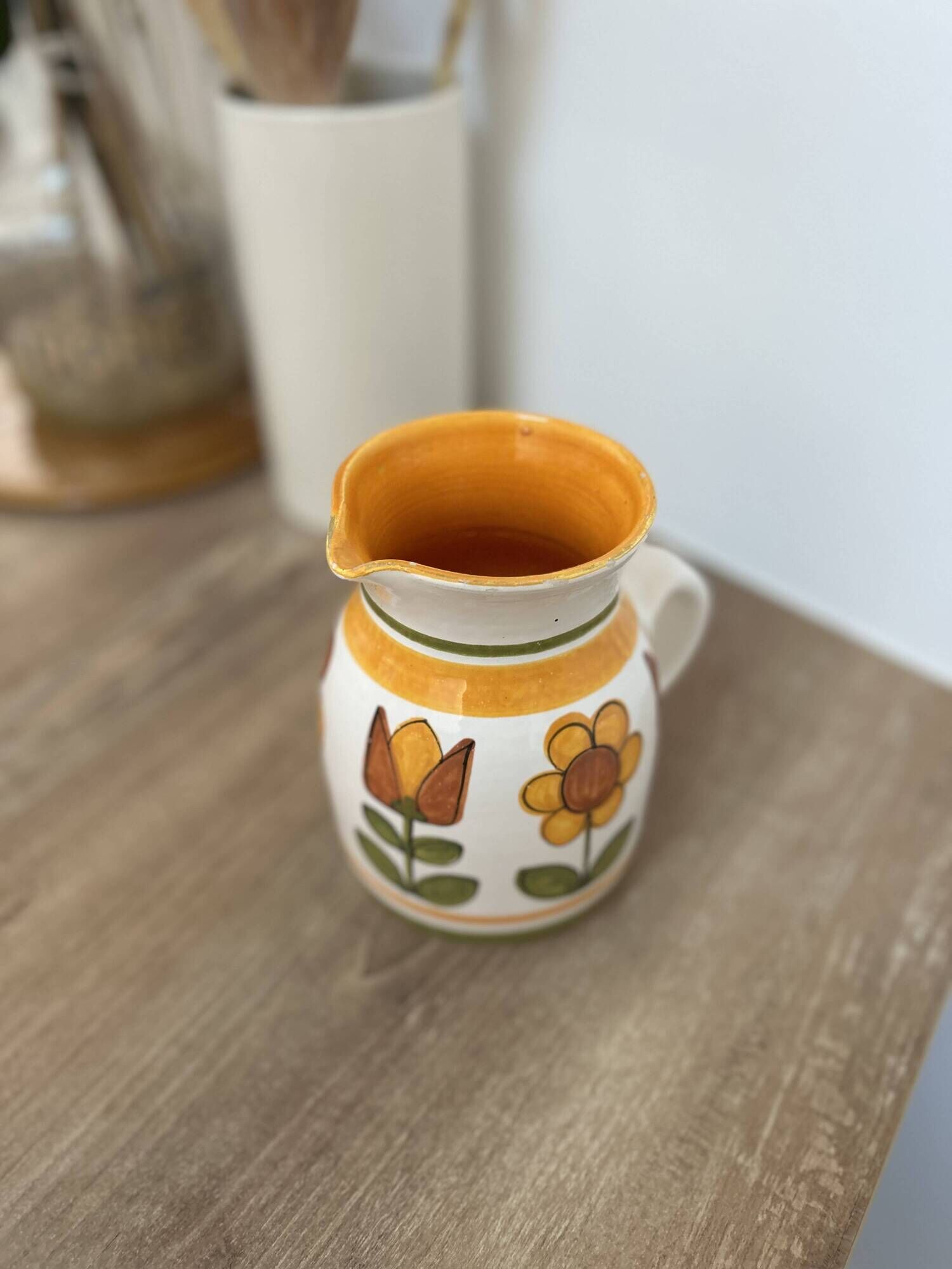 Small vintage ceramic jug signed – hand-painted floral decoration – 13 cm