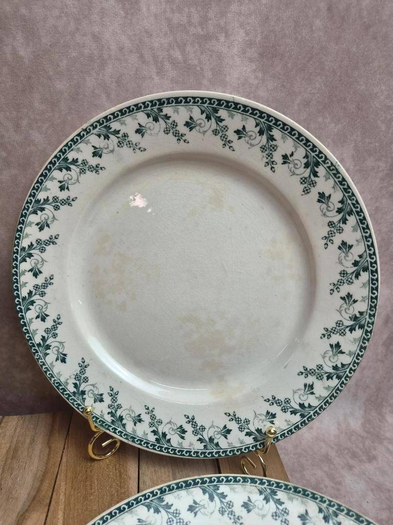Set of 6 flat plates, Gien Montigny ironstone – old green decoration.